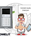 Comelit audio intercom system with a cartoon character holding a tablet