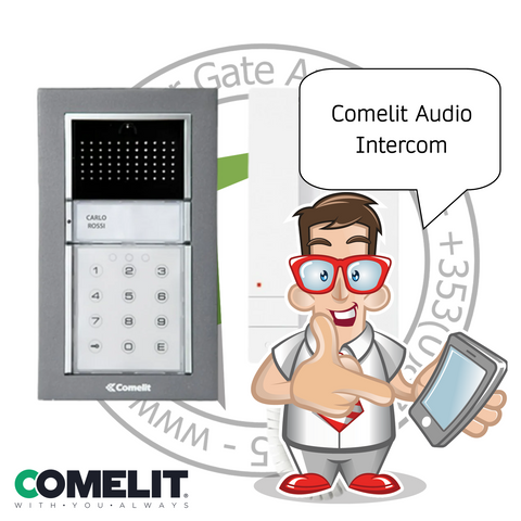 Comelit audio intercom system with a cartoon character holding a tablet