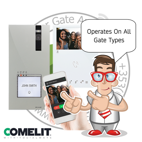 Product display with a cartoon character holding a phone, showing a video call interface, and text 'Operates On All Gate Types' with Comelit branding.