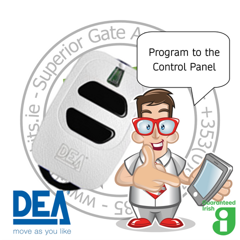 gatekitgoods.com character holding a tablet next to a DEA remote, with text 'Program to the Control Panel'.