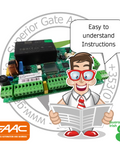 Cartoon character with FAAC logo and electronic board, holding a newspaper with 'Easy to understand Instructions' text.