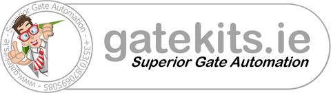 Logo for gatekitgoods.com with a cartoon character and text about superior gate automation.