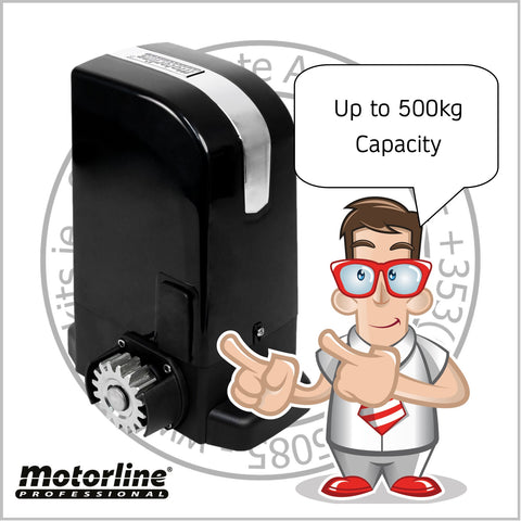 Illustration showing a Motorline BRAVO500 Sliding Gate Kit with a cartoon character presenting a black motor unit, indicating a capacity of up to 500kg.